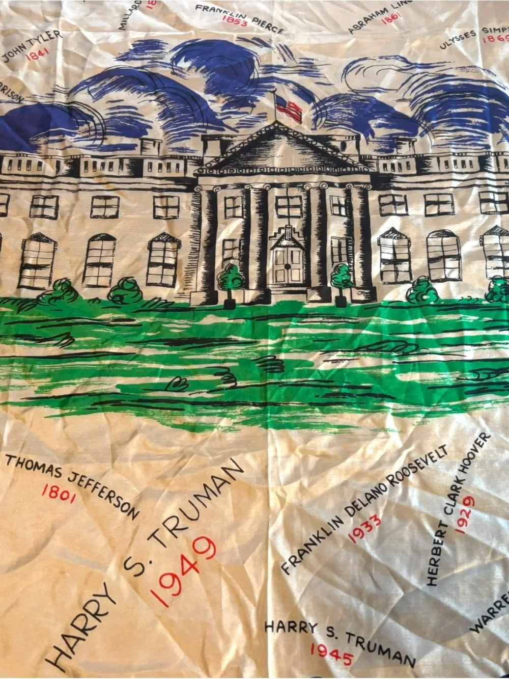 Vintage 1949 Pure Silk Scarf White House US Presidents Americana Novelty 29x29
